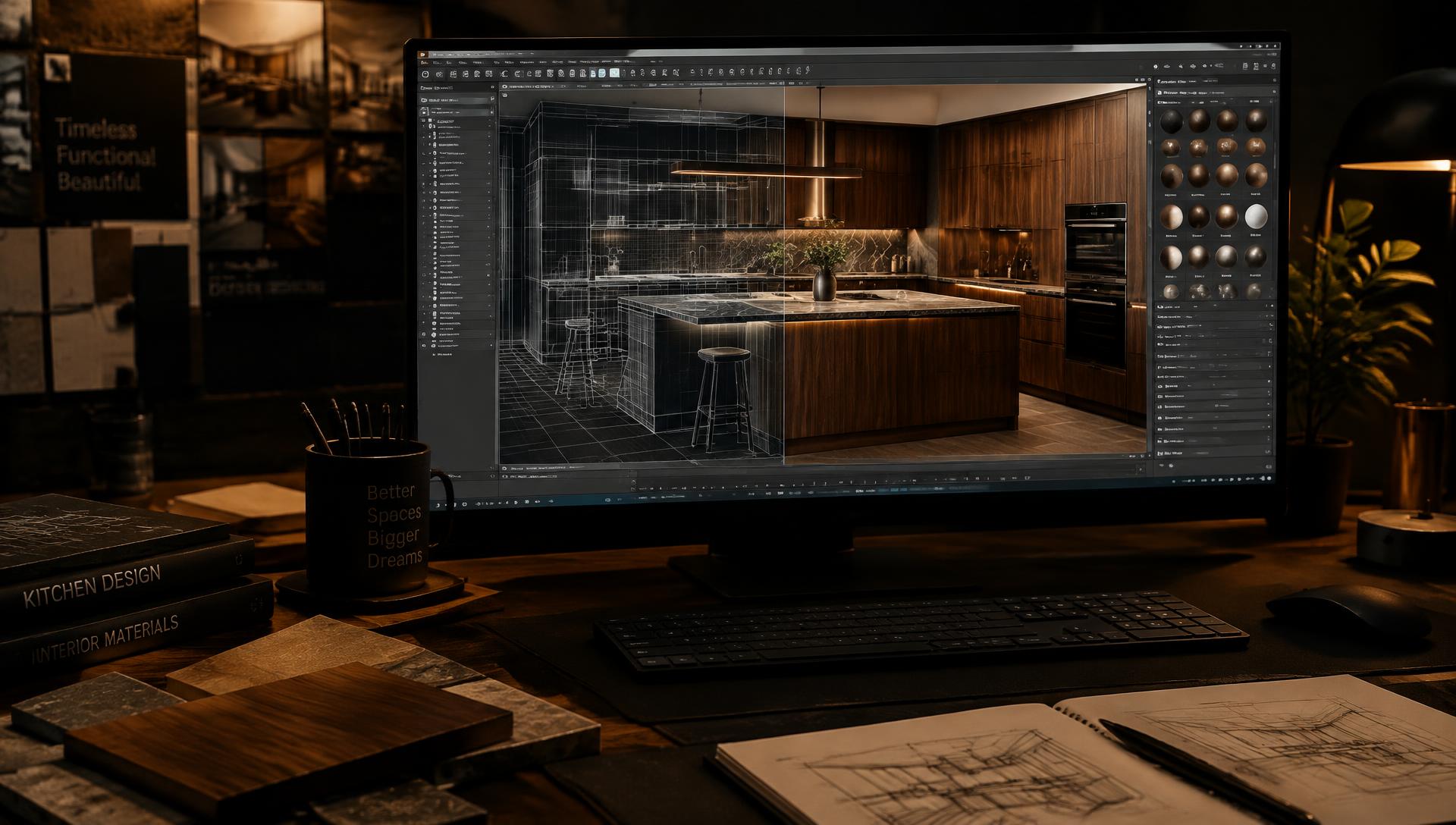 Projeto de cozinha planejada sendo modelado em software 3D